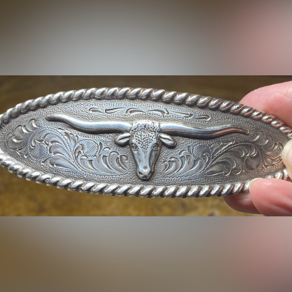 Floral Engraved Barrette with Longhorn,4”Long 1.25”Wide. New no tags